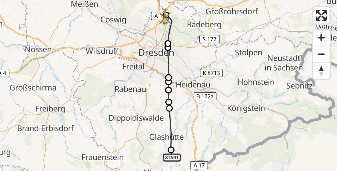 Flugroute Rettungshubschrauber Altenberg - Dresden Bundespolizei Hubschrauberlandeplatz, 02 Mai 2026, 17:42