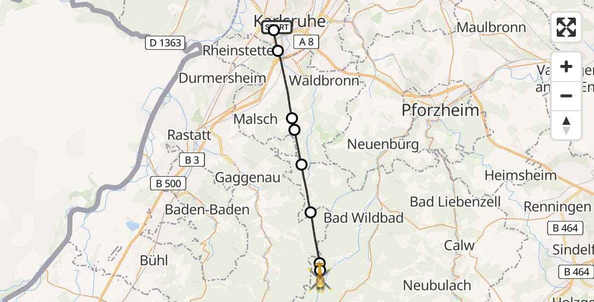 Flugroute Rettungshubschrauber Sankt Vincentius Hospital - Enzklösterle, 02 Mai 2026, 17:45