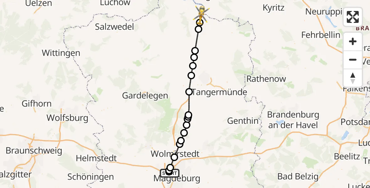 Flugroute Rettungshubschrauber Magdeburg Hospital - Seehausen (Altmark), 02 Mai 2026, 17:51