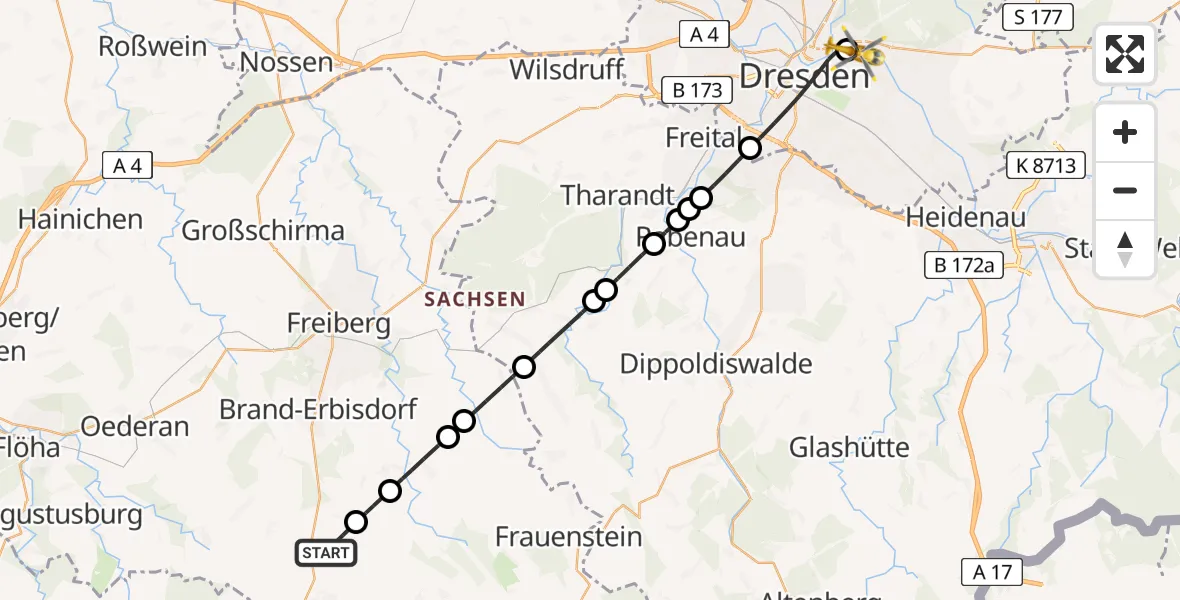 Flugroute Rettungshubschrauber Großhartmannsdorf - Dresden Elbwiesen Hubschrauberlandeplatz, 02 Mai 2026, 17:56