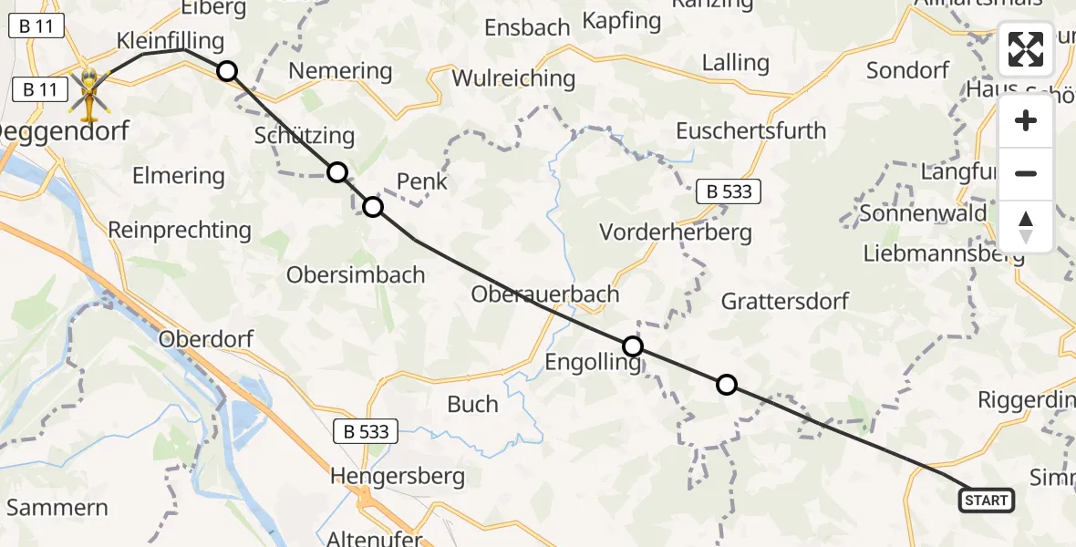 Flugroute Rettungshubschrauber Schöllnach - Deggendorf, 02 Mai 2026, 17:58