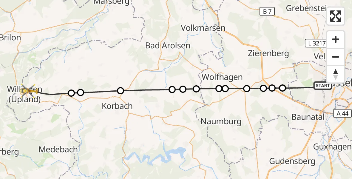 Flugroute Rettungshubschrauber Kassel - Willingen (Upland), 02 Mai 2026, 18:06