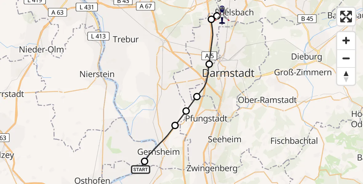 Flugroute Polizeihubschrauber Groß-Rohrheim - Flughafen Frankfurt-Egelsbach, 02 Mai 2026, 18:14