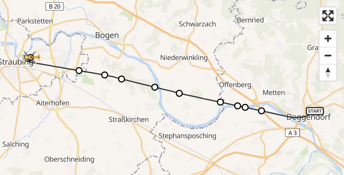 Flugroute Rettungshubschrauber Deggendorf - Sankt Elisabeth Hospital Straubing, 02 Mai 2026, 18:20