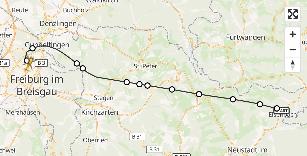 Flugroute Rettungshubschrauber Eisenbach (Hochschwarzwald) - Freiburg im Breisgau Flugplatz, 02 Mai 2026, 18:21
