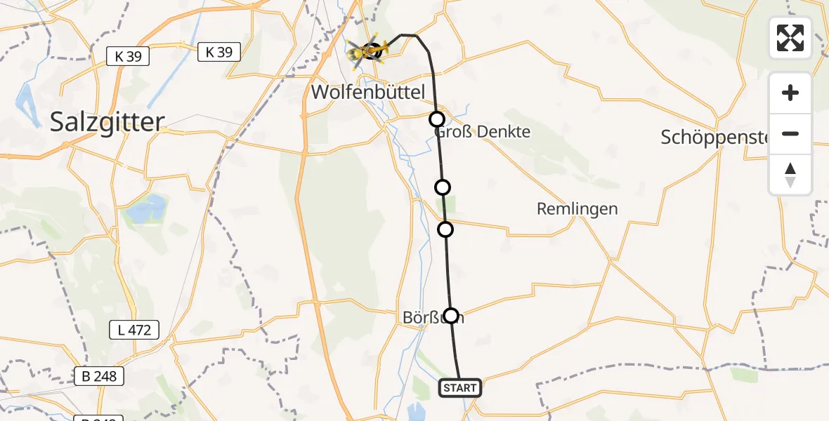 Flugroute Rettungshubschrauber Schladen-Werla - Wolfenbüttel Municipal Hospital Heliport (Christoph 30), 02 Mai 2026, 18:23