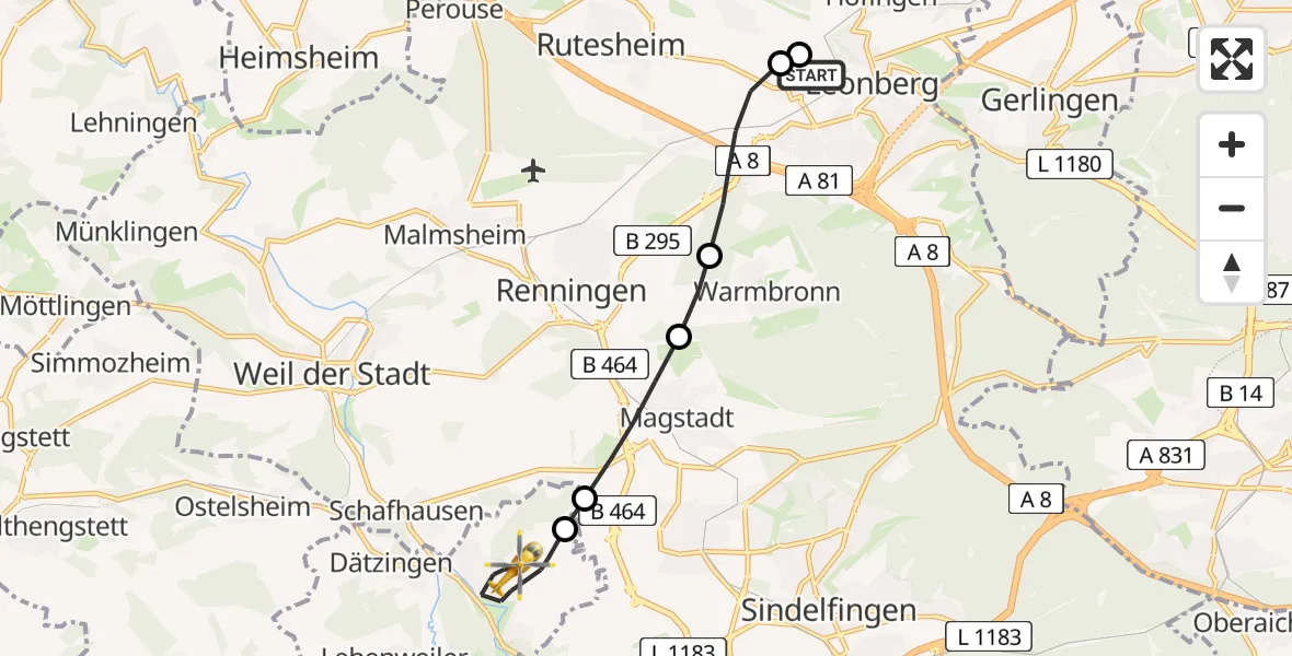 Flugroute Rettungshubschrauber Leonberg Hospital - Grafenau, 02 Mai 2026, 18:31