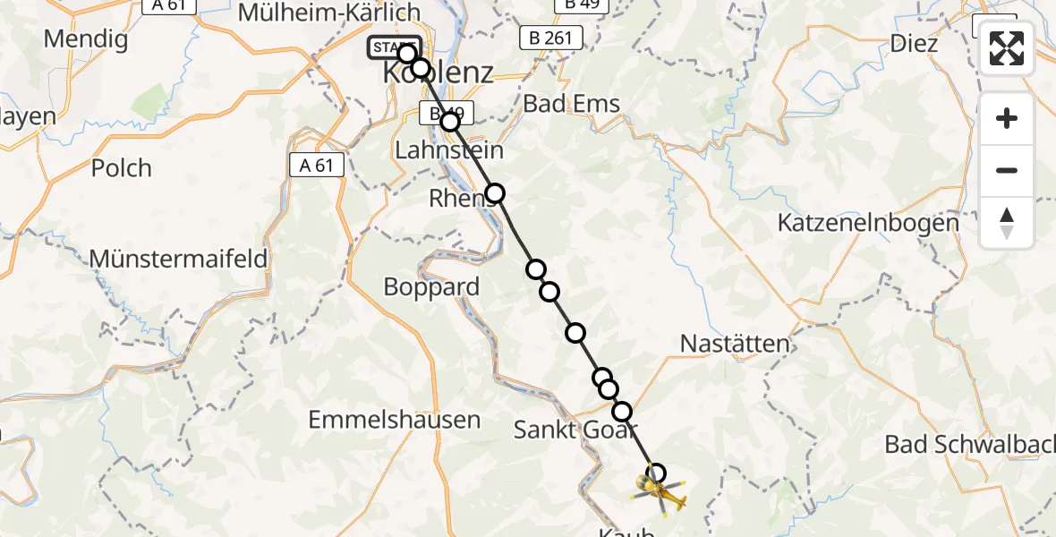 Flugroute Rettungshubschrauber Koblenz - Weisel, 02 Mai 2026, 18:32