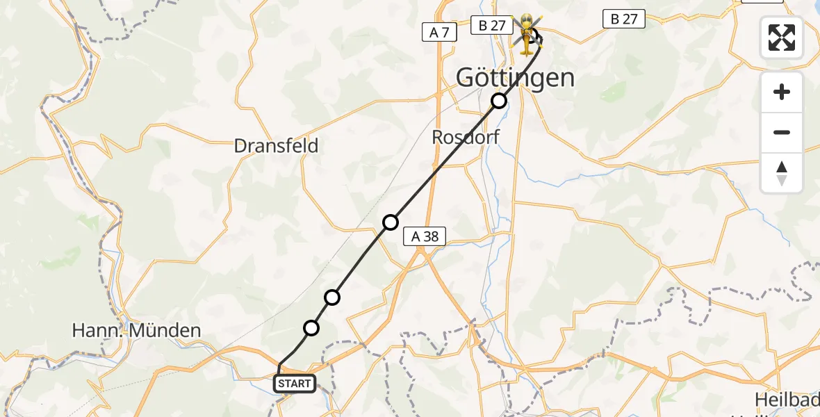 Flugroute Rettungshubschrauber Hann.Münden - Göttingen University Clinic Hubschrauberlandeplatz, 02 Mai 2026, 18:36