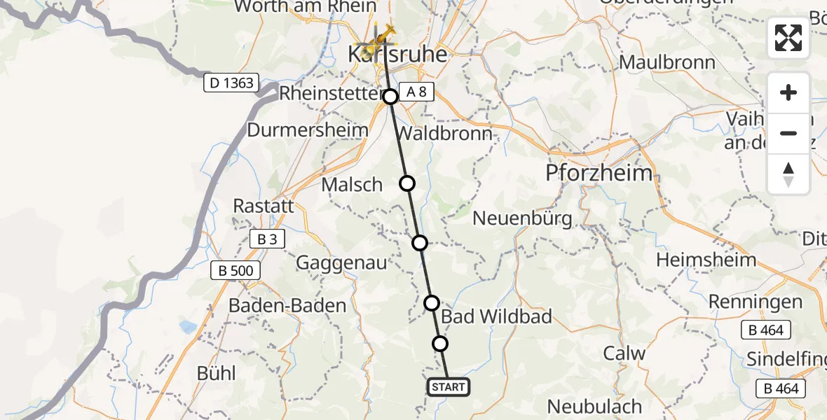 Flugroute Rettungshubschrauber Bad Wildbad - Karlsruhe, 02 Mai 2026, 18:42