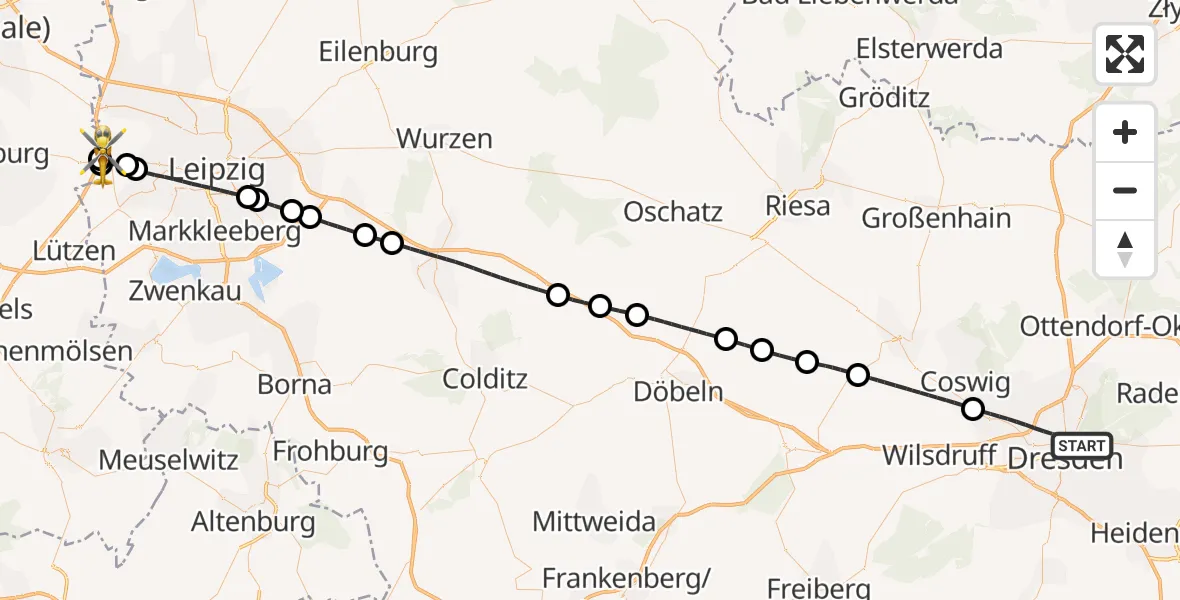 Flugroute Rettungshubschrauber Dresden - ADAC Air Rescue Station Leipzig/Schkeuditz-Dölzig Hubschrauberlandeplatz (Christoph 61), 02 Mai 2026, 18:44