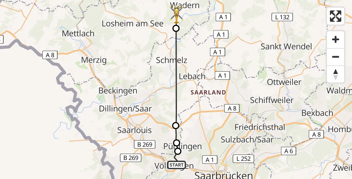 Flugroute Rettungshubschrauber Völklingen - Wadern, 02 Mai 2026, 18:45