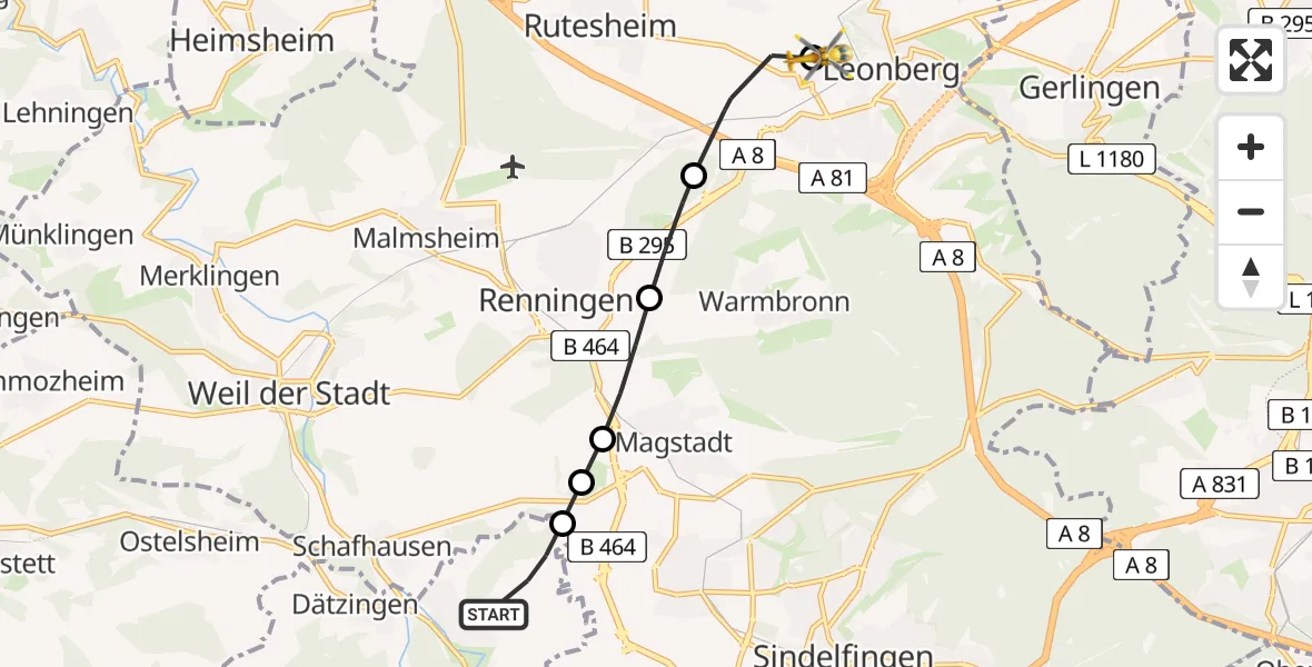 Flugroute Rettungshubschrauber Grafenau - Leonberg Hospital, 02 Mai 2026, 18:55