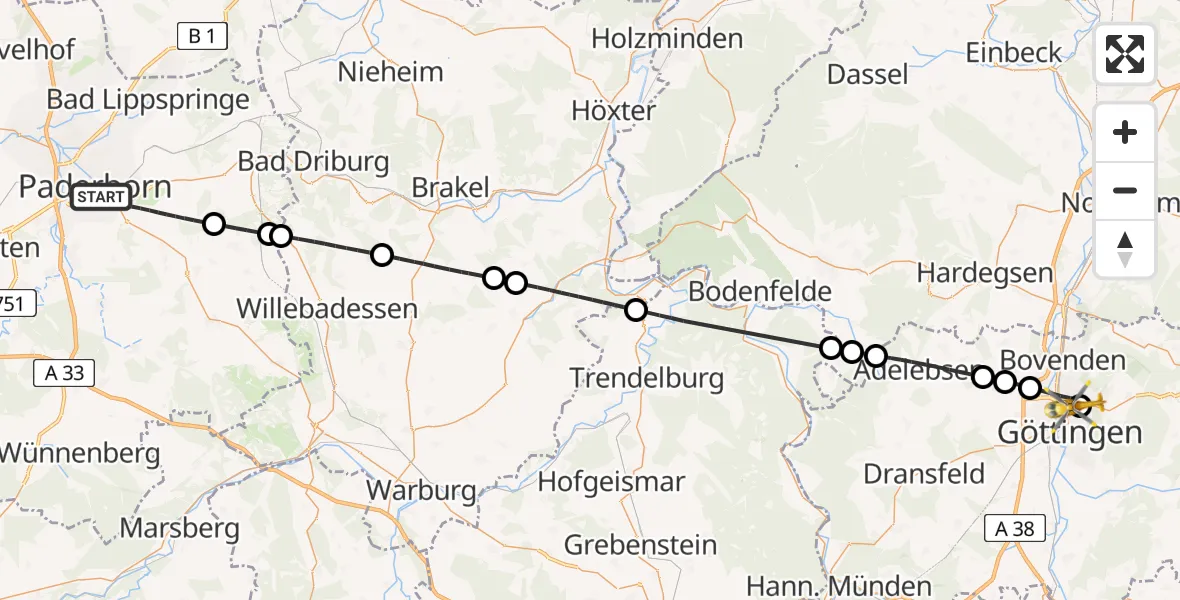 Flugroute Ambulanzhubschrauber Paderborn - Göttingen University Clinic Hubschrauberlandeplatz, 02 Mai 2026, 19:00