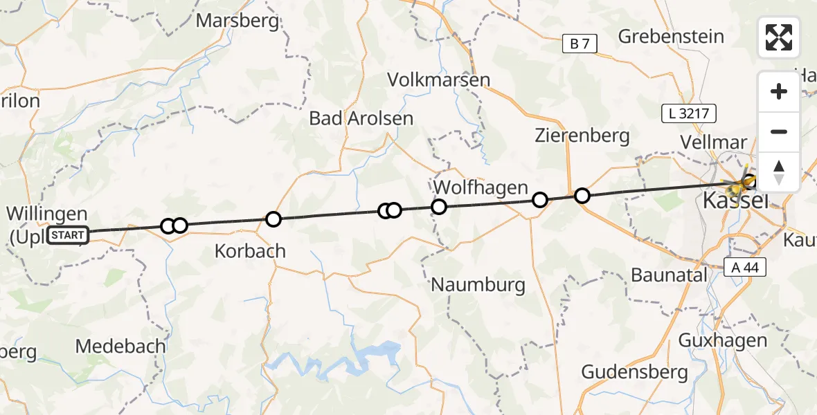 Flugroute Rettungshubschrauber Willingen (Upland) - Kassel, 02 Mai 2026, 19:00
