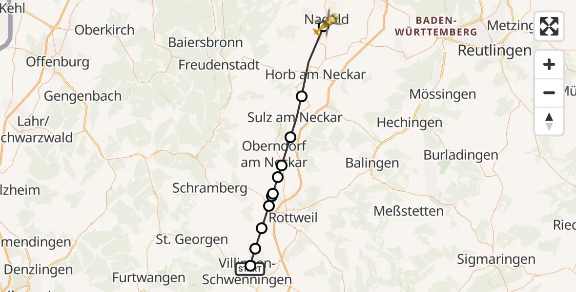 Flugroute Ambulanzhubschrauber DRF Air Rescue Station Villingen-Schwenningen Hubschrauberlandeplatz (Christoph 11) - Nagold, 02 Mai 2026, 19:01