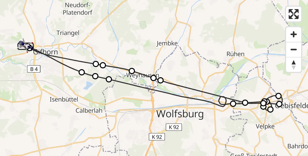 Flugroute Polizeihubschrauber Gifhorn Bundespolizei Hubschrauberlandeplatz - Gifhorn Bundespolizei Hubschrauberlandeplatz, 02 Mai 2026, 19:08