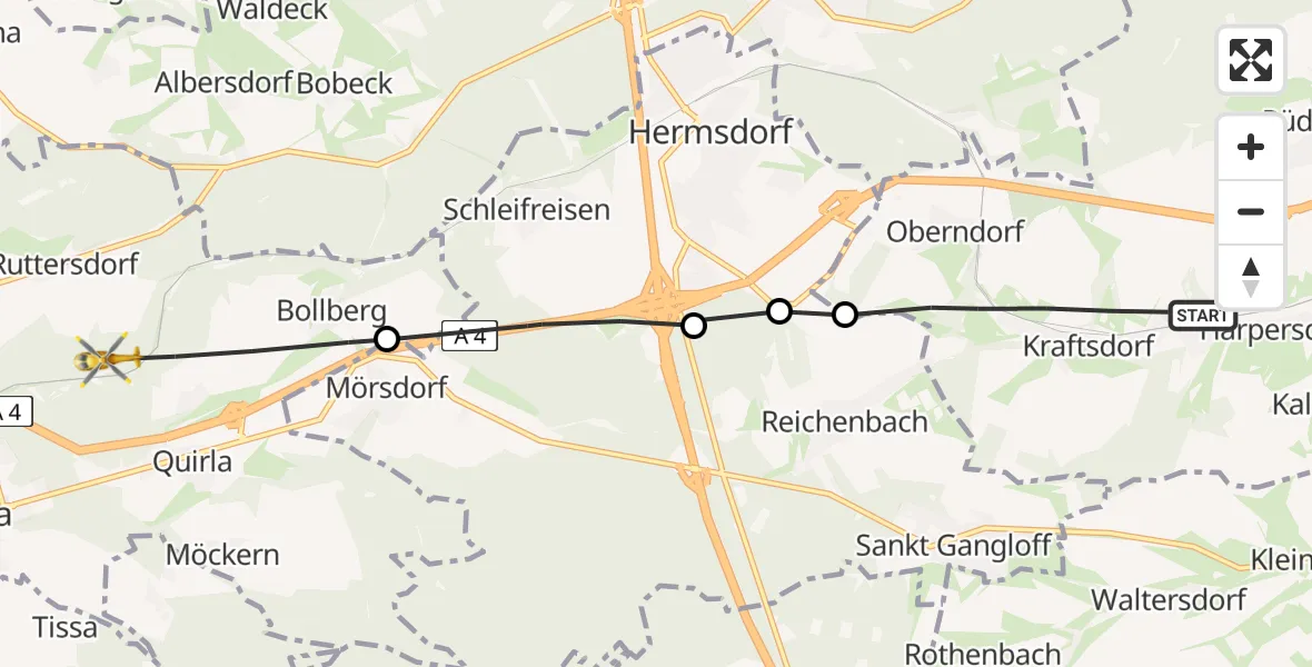 Flugroute Rettungshubschrauber Kraftsdorf - Ruttersdorf-Lotschen, 02 Mai 2026, 19:10
