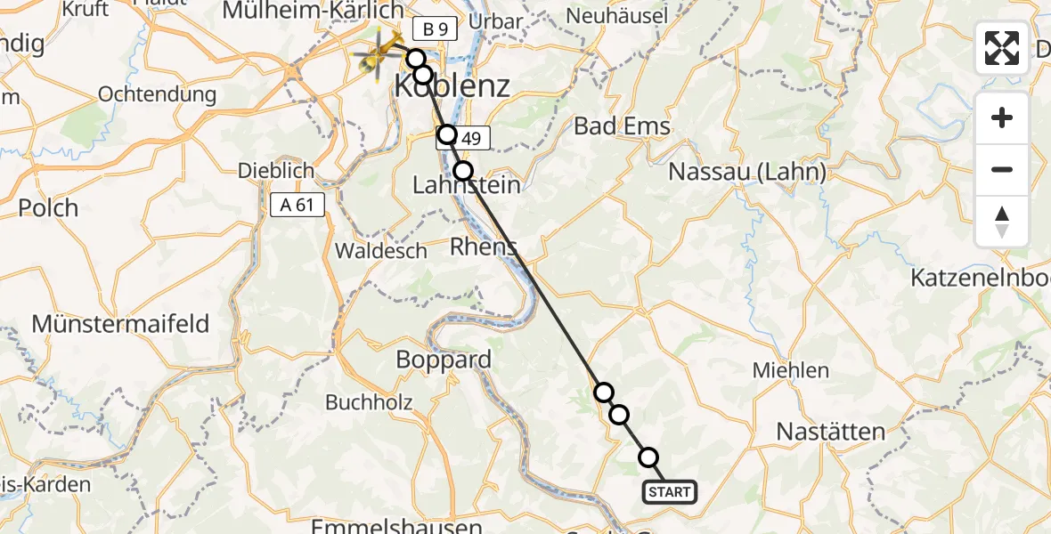 Flugroute Rettungshubschrauber Lierschied - Koblenz, 02 Mai 2026, 19:12