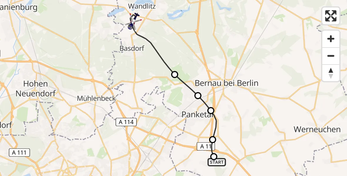 Flugroute Polizeihubschrauber Ahrensfelde Hubschrauberlandeplatz - Wandlitz, 02 Mai 2026, 19:17