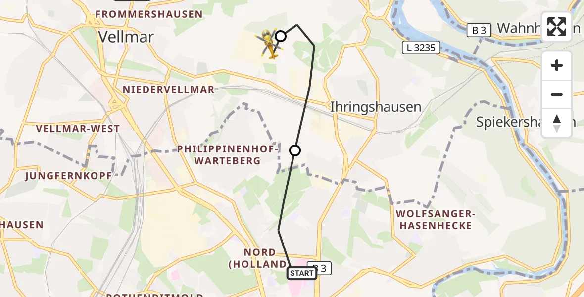 Flugroute Rettungshubschrauber Kassel - Fuldatal Bundespolizei Hubschrauberlandeplatz, 02 Mai 2026, 19:25