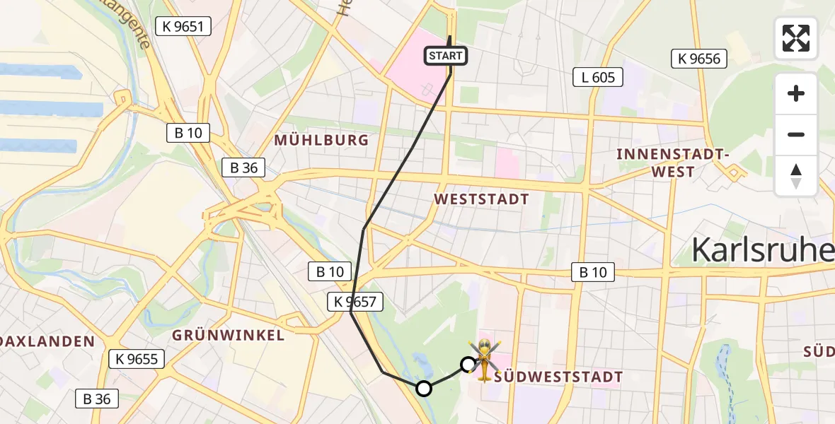 Flugroute Rettungshubschrauber Karlsruhe - Sankt Vincentius Hospital, 02 Mai 2026, 19:33