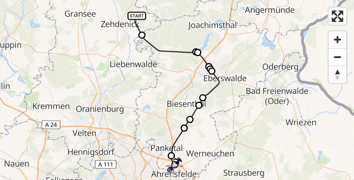 Flugroute Polizeihubschrauber Zehdenick - Ahrensfelde Hubschrauberlandeplatz, 02 Mai 2026, 19:49
