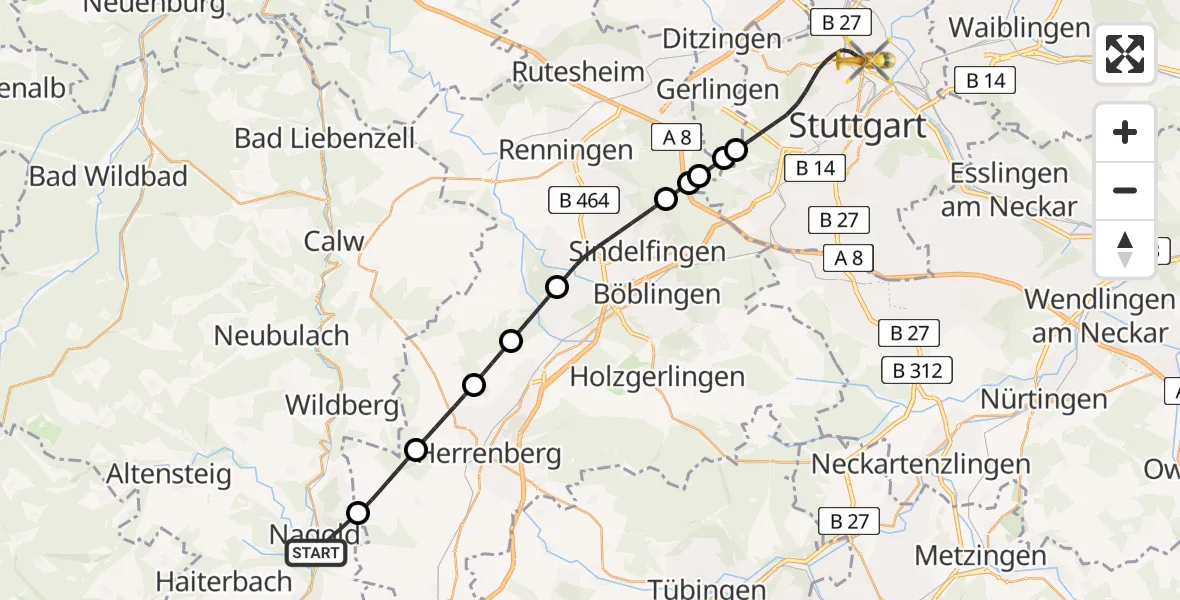 Flugroute Ambulanzhubschrauber Nagold - Stuttgart, 02 Mai 2026, 20:07