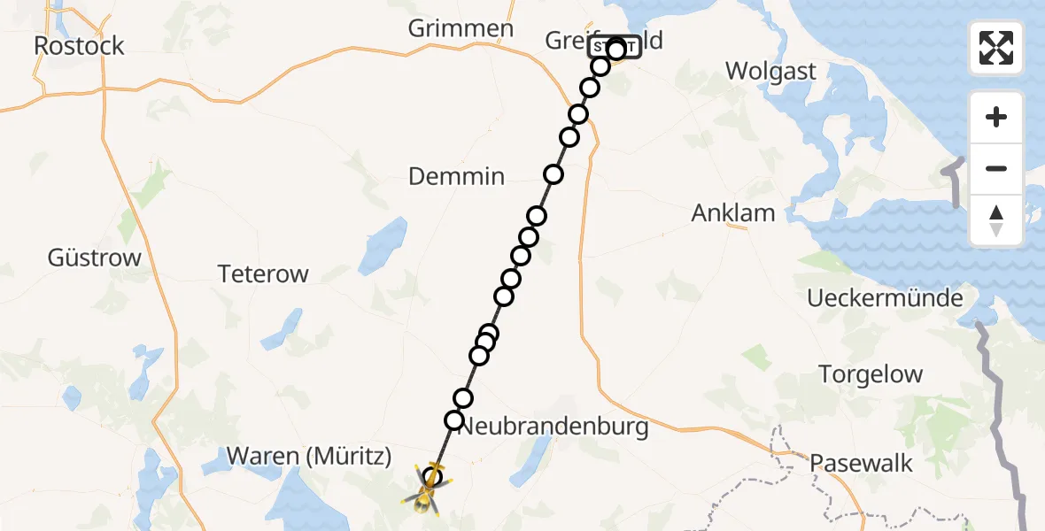Flugroute Rettungshubschrauber Greifswald Hospital - Ankershagen, 02 Mai 2026, 20:07