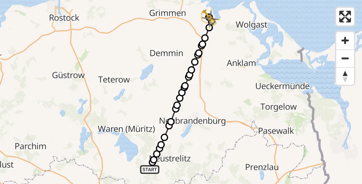 Flugroute Rettungshubschrauber Mirow - Greifswald Hospital, 02 Mai 2026, 21:10