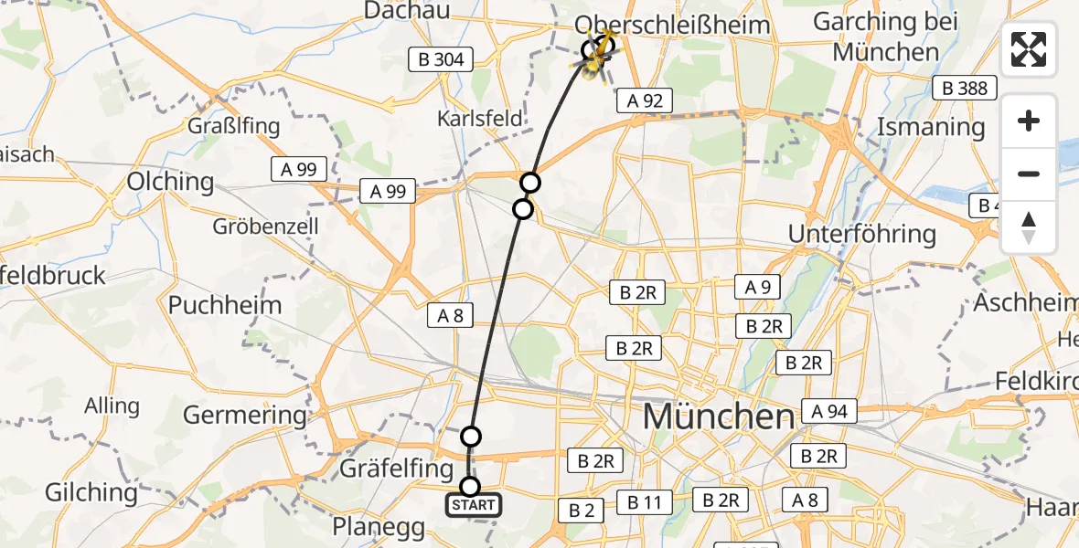Flugroute Rettungshubschrauber DRF Air Rescue München Hubschrauberlandeplatz - Oberschleißheim, 02 Mai 2026, 21:24