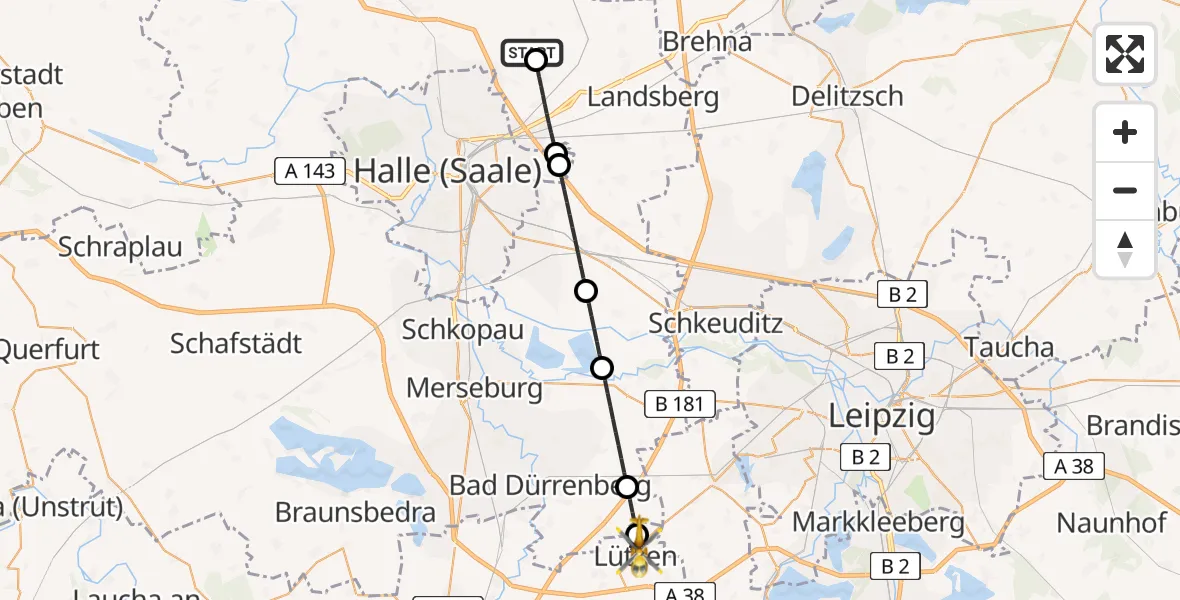 Flugroute Rettungshubschrauber Halle-Oppin Flugplatz - Lützen, 02 Mai 2026, 21:31