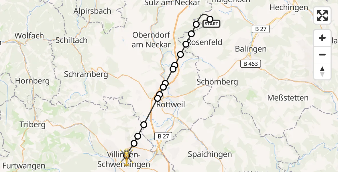 Flugroute Ambulanzhubschrauber Geislingen - DRF Air Rescue Station Villingen-Schwenningen Hubschrauberlandeplatz (Christoph 11), 02 Mai 2026, 21:33