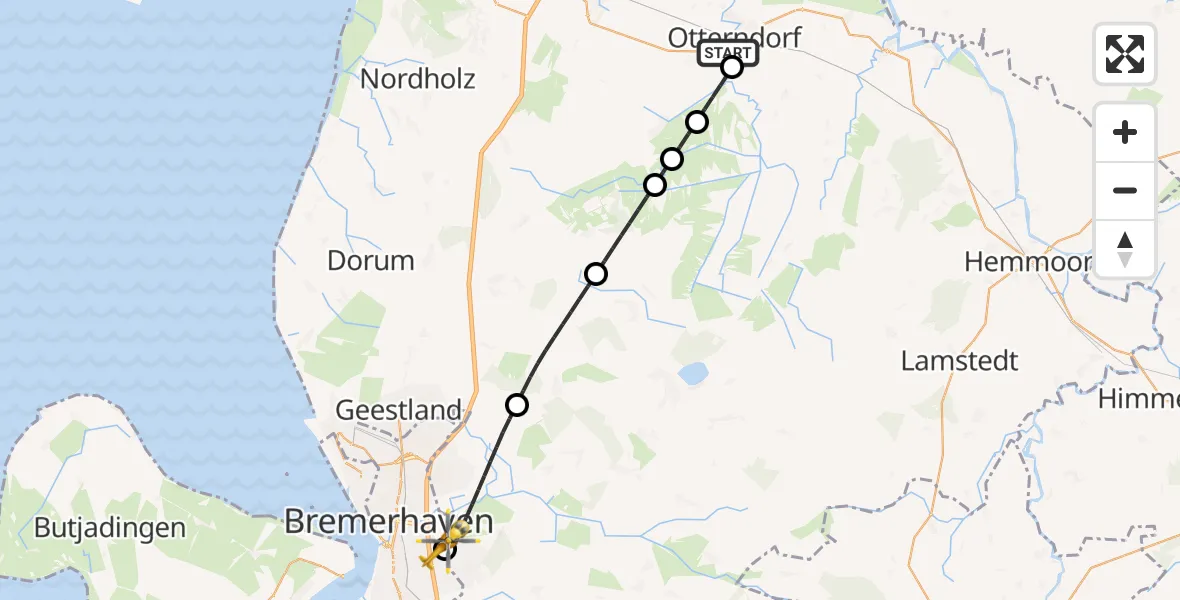 Flugroute Rettungshubschrauber Otterndorf - Bremerhaven, 02 Mai 2026, 21:35