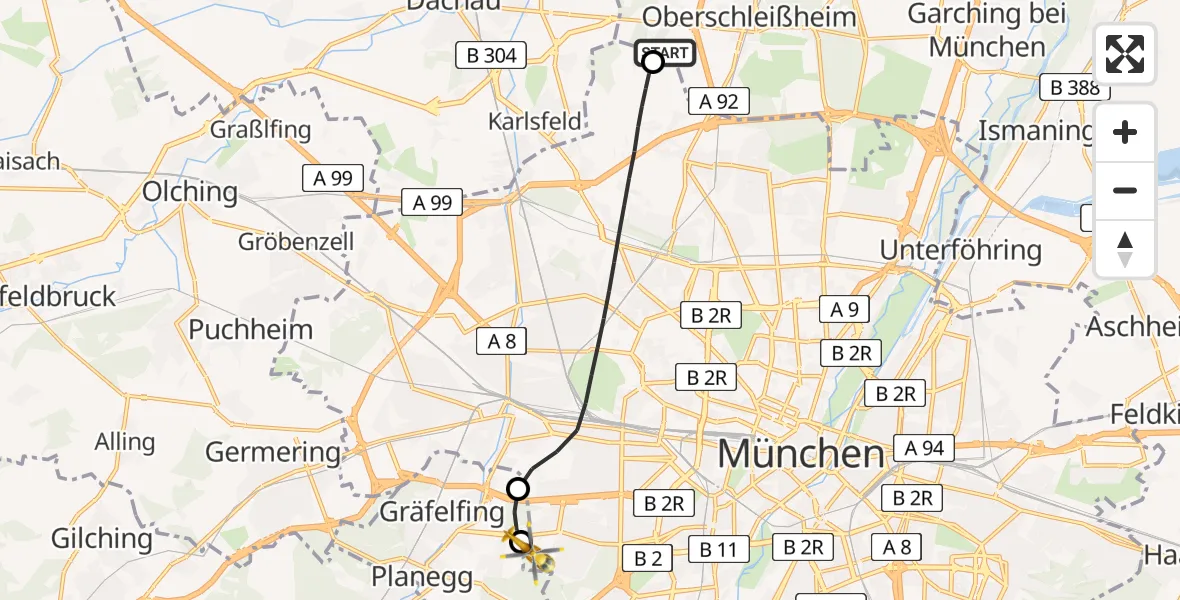 Flugroute Rettungshubschrauber Oberschleißheim - DRF Air Rescue München Hubschrauberlandeplatz, 02 Mai 2026, 22:02