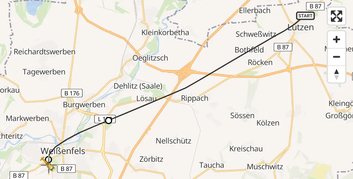 Flugroute Rettungshubschrauber Lützen - Asklepios Clinic Weißenfels, 02 Mai 2026, 22:12