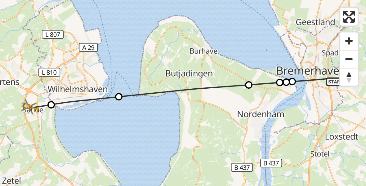 Flugroute Rettungshubschrauber Bremerhaven - Sande, 02 Mai 2026, 22:21