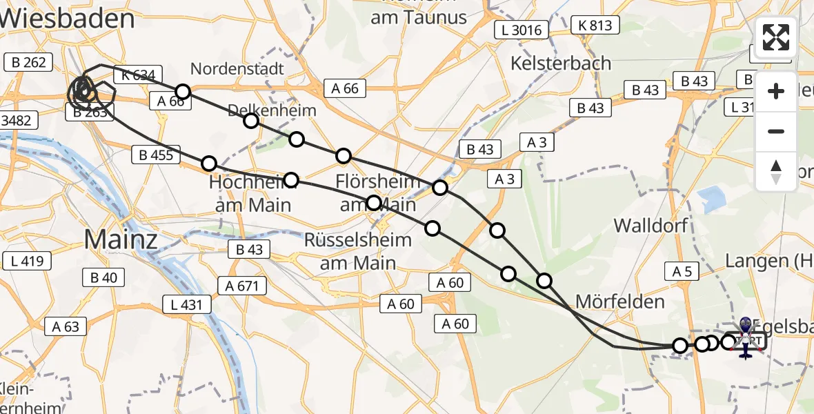 Flugroute Polizeihubschrauber Flughafen Frankfurt-Egelsbach - Flughafen Frankfurt-Egelsbach, 02 Mai 2026, 22:30