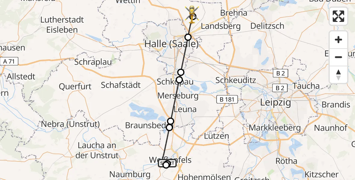 Flugroute Rettungshubschrauber Asklepios Clinic Weißenfels - Halle-Oppin Flugplatz, 02 Mai 2026, 22:35