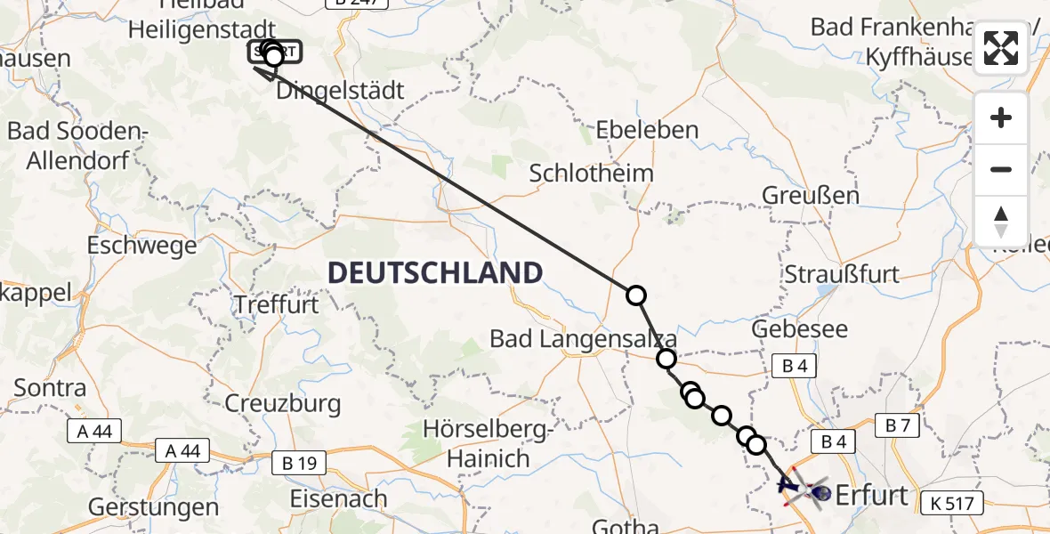 Flugroute Polizeihubschrauber Dingelstädt - Erfurt-Weimar Flughafen, 03 Mai 2026, 00:32