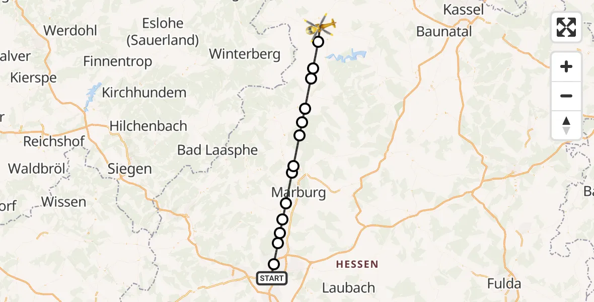 Flugroute Rettungshubschrauber Gießen - Korbach, 03 Mai 2026, 04:25
