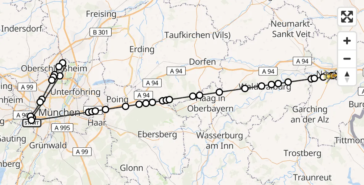 Flugroute Rettungshubschrauber DRF Air Rescue München Hubschrauberlandeplatz - Altötting-Burghausen District Hospital Altötting, 03 Mai 2026, 04:46