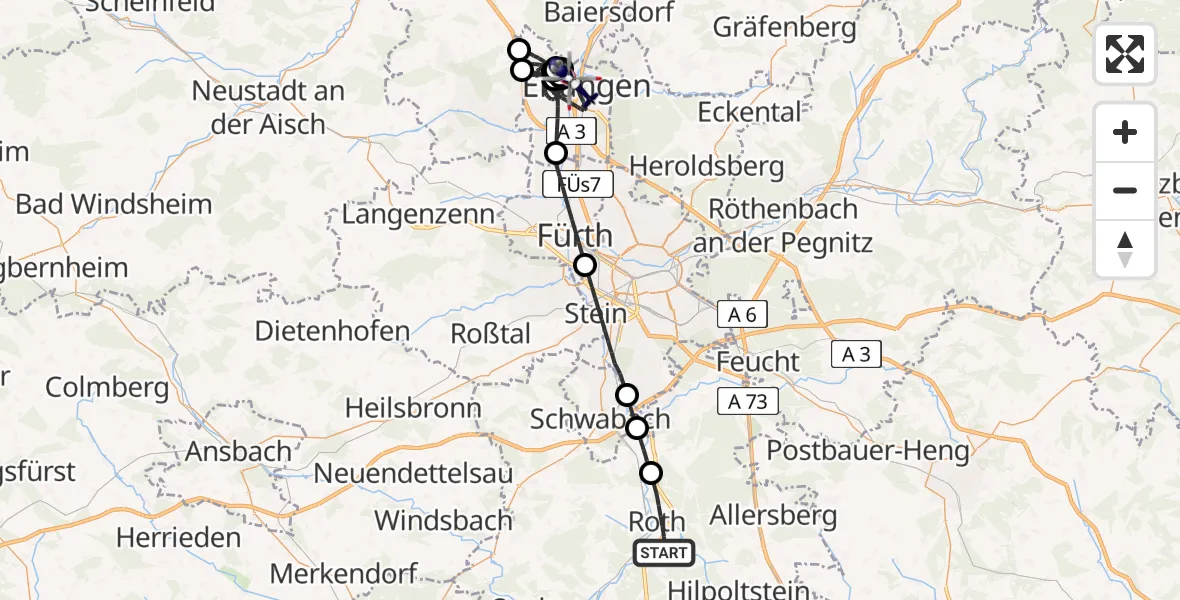 Flugroute Polizeihubschrauber Roth - Erlangen, 03 Mai 2026, 05:06