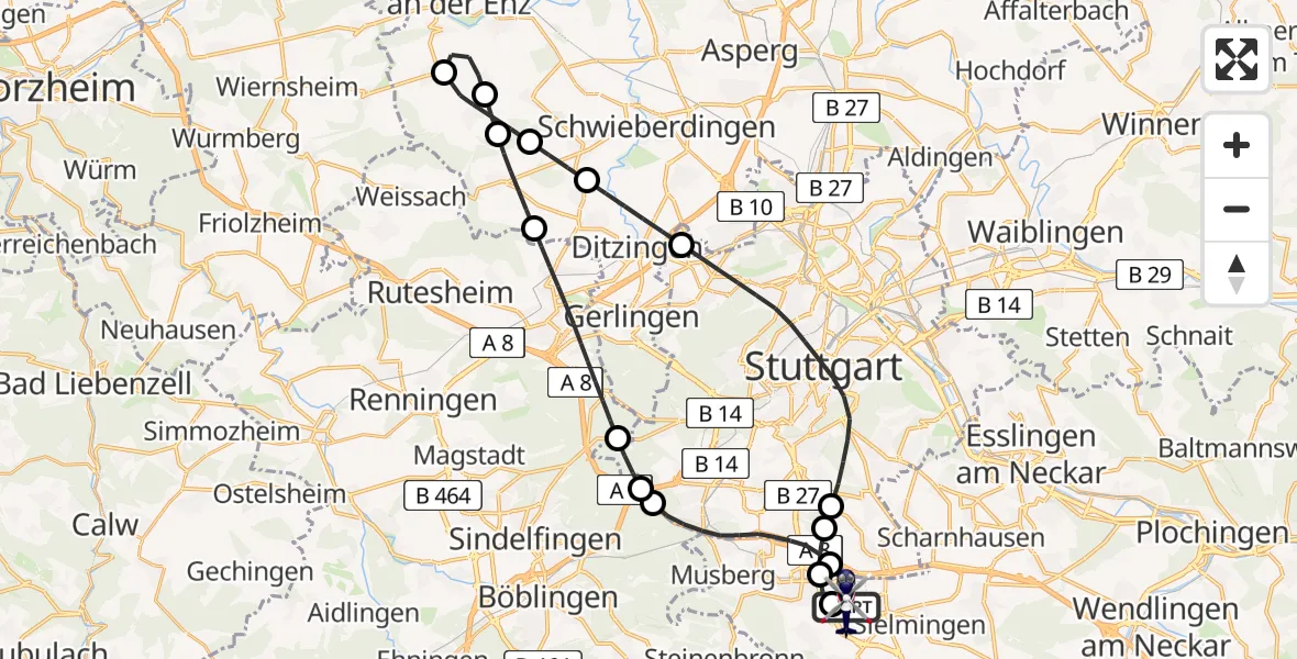 Flugroute Polizeihubschrauber Flughafen Stuttgart - Flughafen Stuttgart, 03 Mai 2026, 05:12