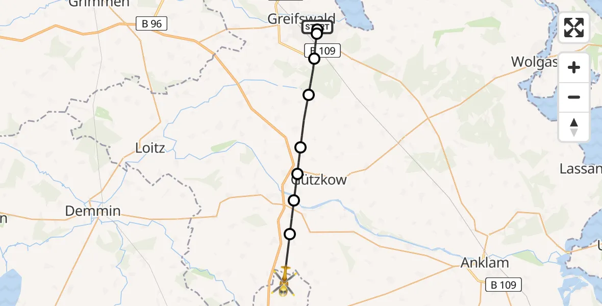 Flugroute Rettungshubschrauber Greifswald Hospital - Bartow, 03 Mai 2026, 05:14