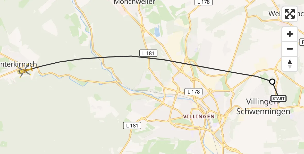 Flugroute Ambulanzhubschrauber DRF Air Rescue Station Villingen-Schwenningen Hubschrauberlandeplatz (Christoph 11) - Unterkirnach, 03 Mai 2026, 05:20