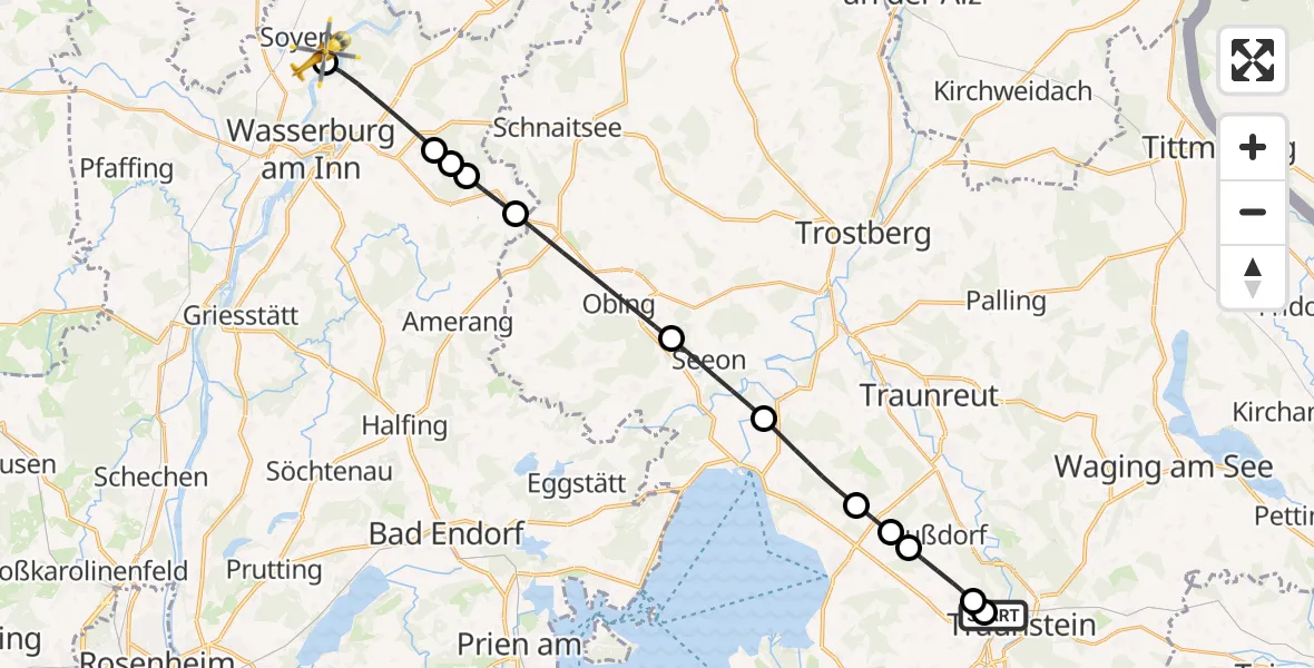 Flugroute Rettungshubschrauber Traunstein Hospital - Soyen, 03 Mai 2026, 05:21