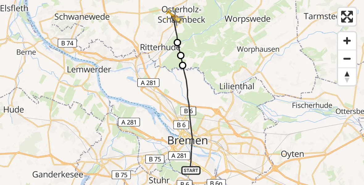 Flugroute Rettungshubschrauber Bremen - Osterholz-Scharmbeck, 03 Mai 2026, 05:31