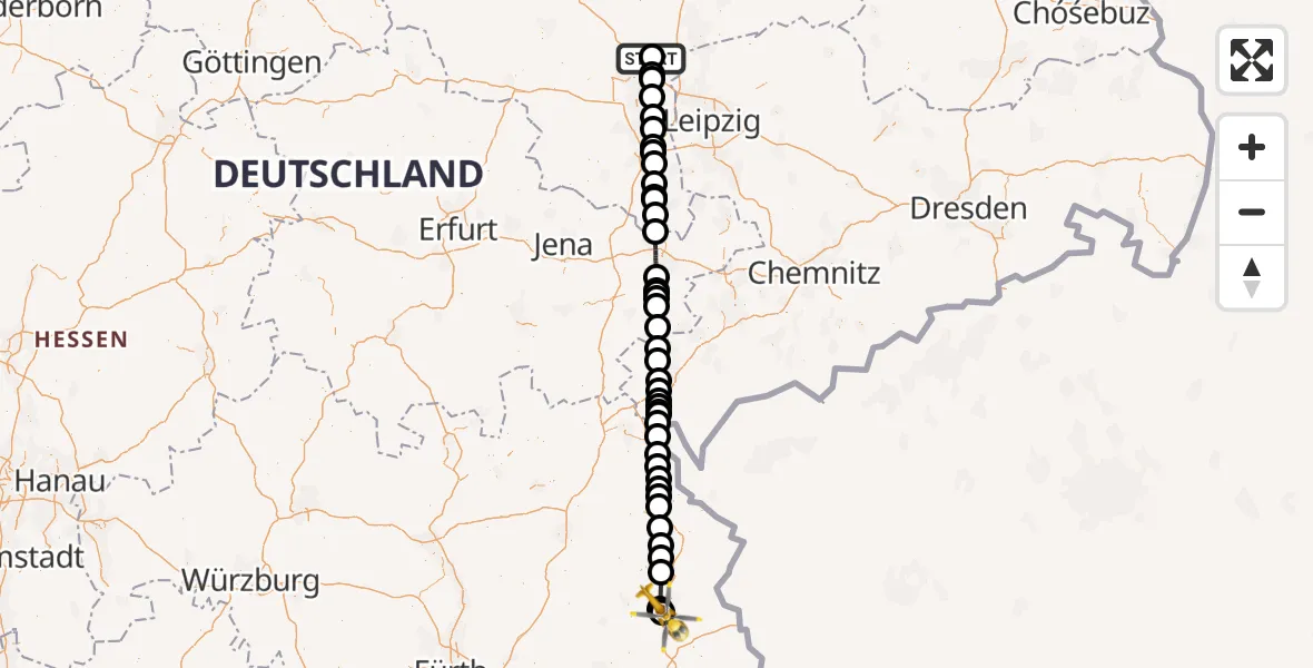 Flugroute Rettungshubschrauber Halle-Oppin Flugplatz - Weiden in der Oberpfalz Flugplatz, 03 Mai 2026, 05:35