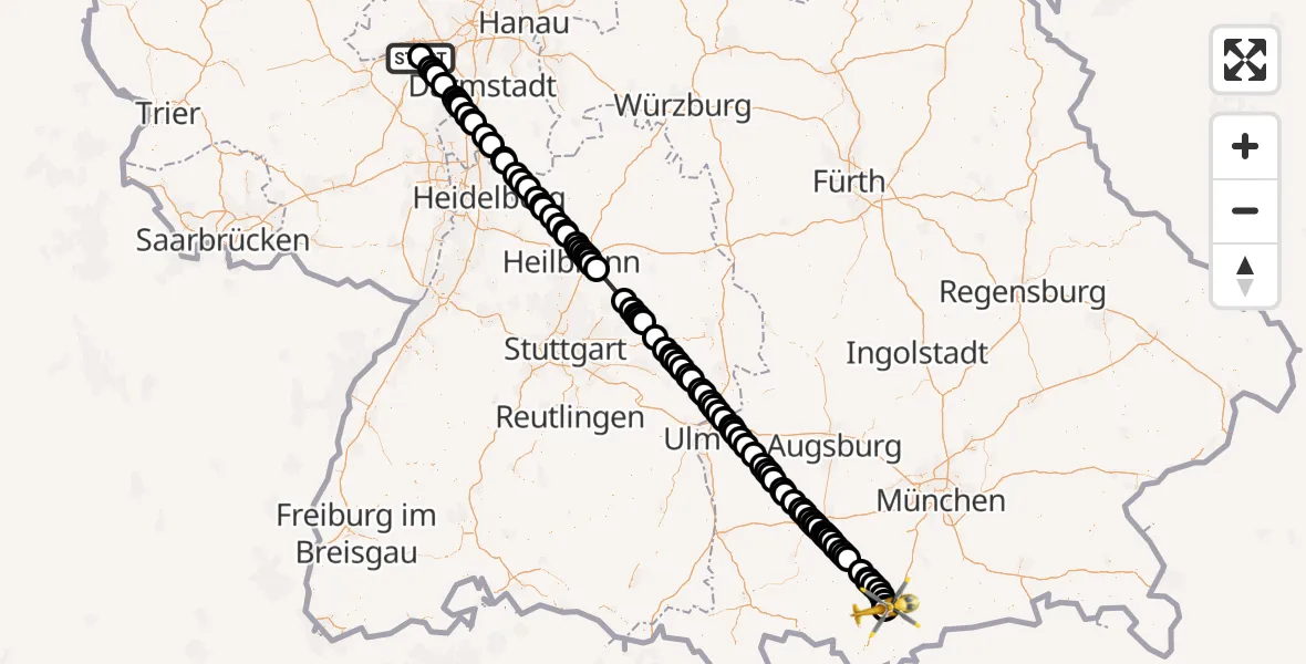 Flugroute Rettungshubschrauber Mainz University Hospital - Murnau Accident Hospital, 03 Mai 2026, 05:52